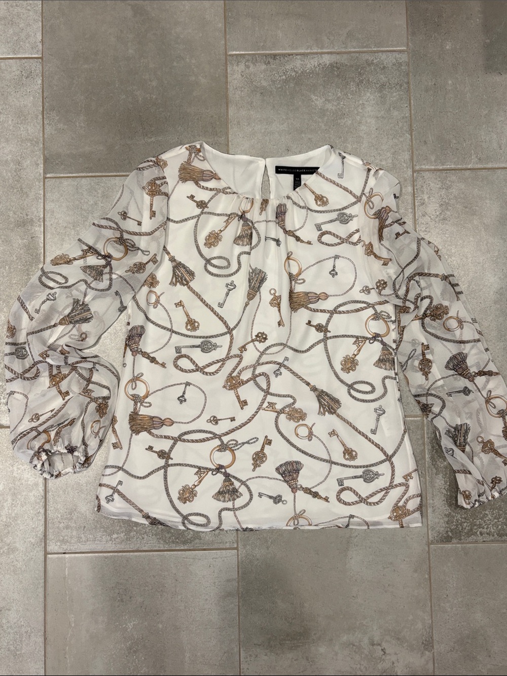 White House Black Market - Key & Tassel Print Long-Sleeve Blouse, XS